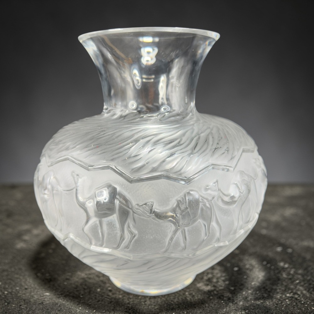Lalique‎ France Crystal Ghardaia Camel Caravan Desert Vase Frosted Glass Signed